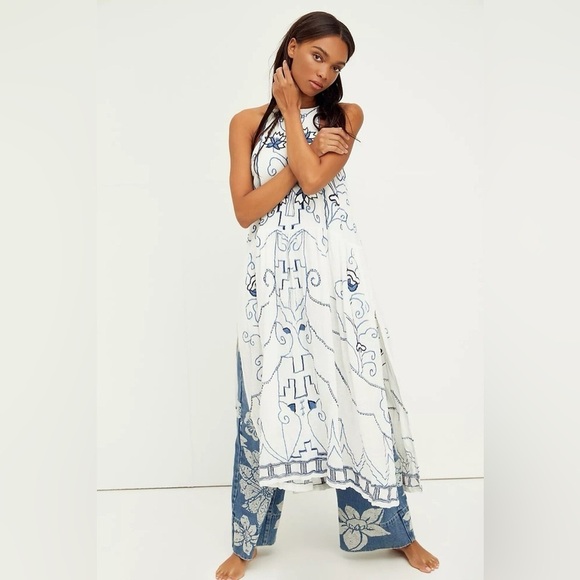 Free People Dreamer's Cove Maxi Dress Boho Blue White Embroidered Womens XS - Picture 3 of 10